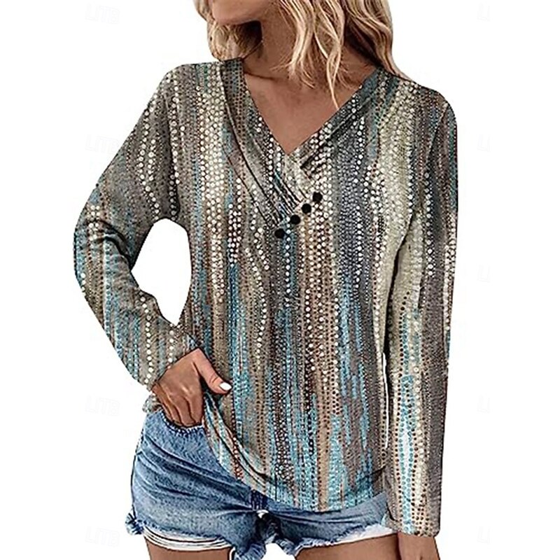 Women's Blouse Floral Stylish Modern Long Sleeve V Neck Regular Tops Daily Holiday Buttons Print Light Green Royal Blue Blue Brown Green Summer Spring Fall2