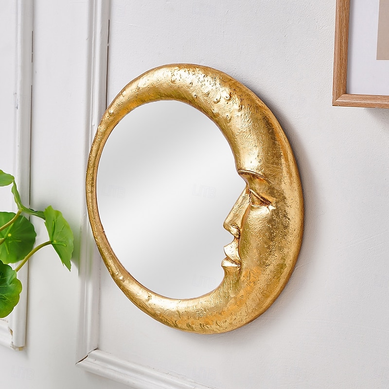 Gold Resin Moon Face Wall Mirror, Round Artistic Hanging Mirror for Home Background Wall Decor, Creative Makeup Mirror for Vanity, Wall Decoration, and Photography Props3