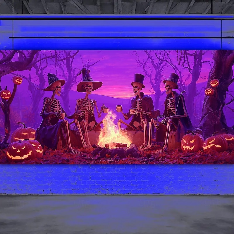 Halloween Garage Door Cover Neon Skeletons Witches Gathering Around Fire Banner, Glowing Blacklight Backdrop Decoration for Holiday Outdoor Garage Door and Home Wall, 2025 Halloween Decorations