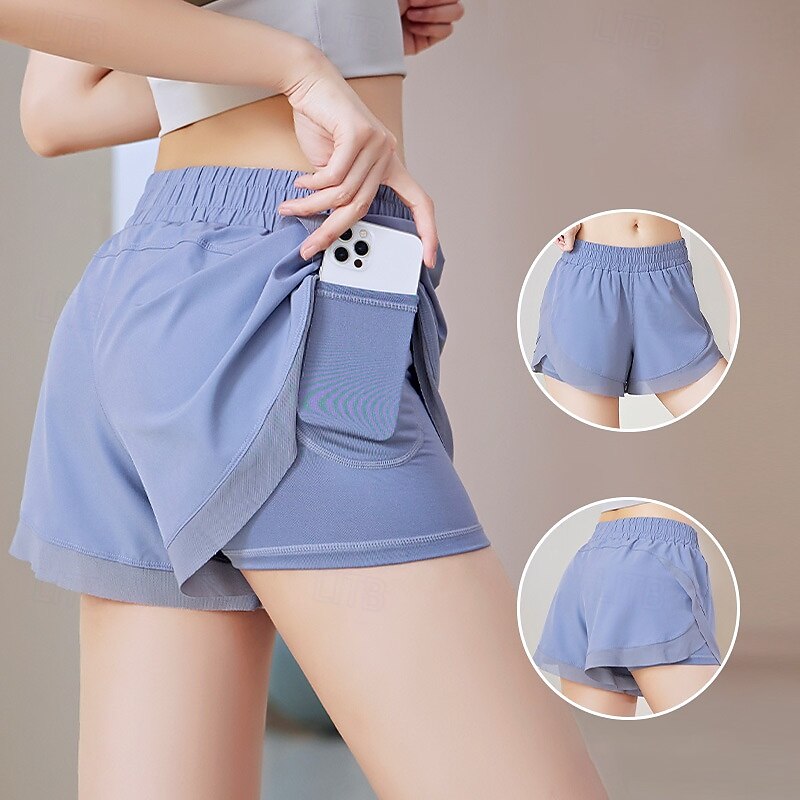 Women's Workout Shorts Pocket 2 in 1 Tummy Control High Waist Gym Pilates Zumba Bottoms Solid Color Black Blue Purple Sports Activewear Tight Fit