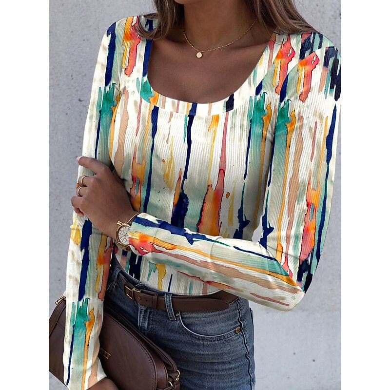 Women's T shirt Long Sleeve Ribbed Graphic Square Neck Long Sleeve Casual Geometric Classic Regular Tops Daily Print White Blue Khaki Rainbow Spring Fall Prefall