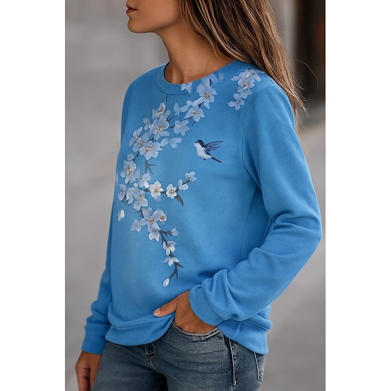 Women's Pullover Sweatshirt Floral Graphic Animal Casual Long Sleeve Crew Neck Round Neck Regular Tops Street Casual Holiday Print Blue Spring Fall Winter2