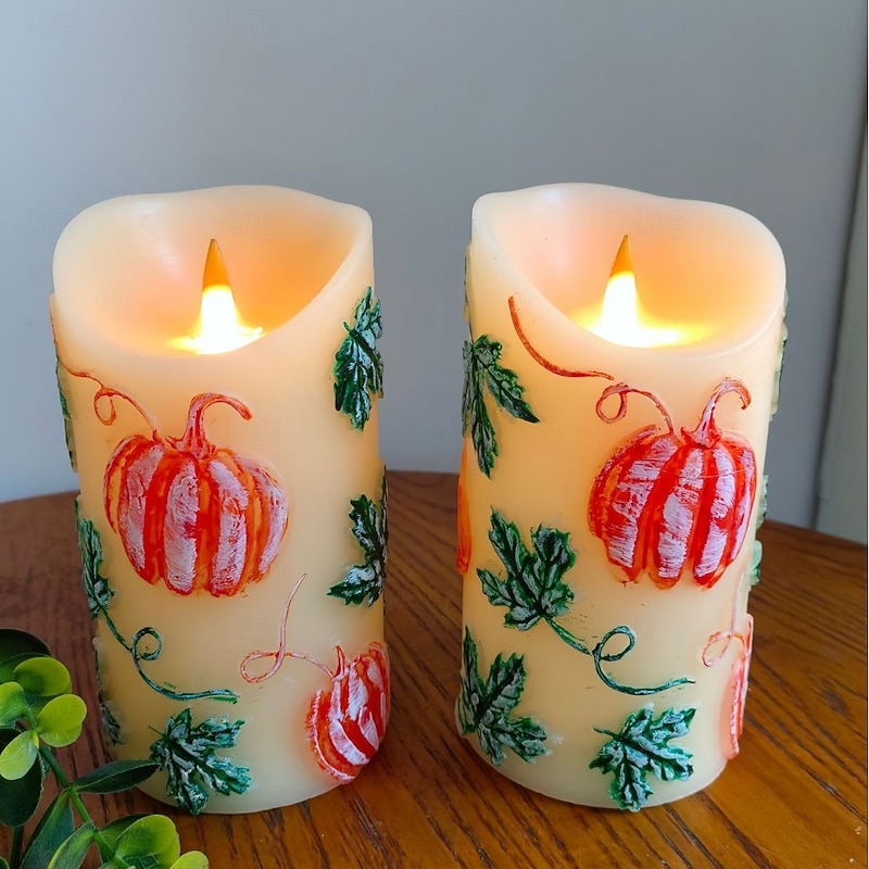 1/2 Pack 15 * 7CM embossed LED simulation electronic candle paraffin wax candle flickering flame head Halloween Thanksgiving pumpkin shaped indoor and outdoor party atmosphere light2