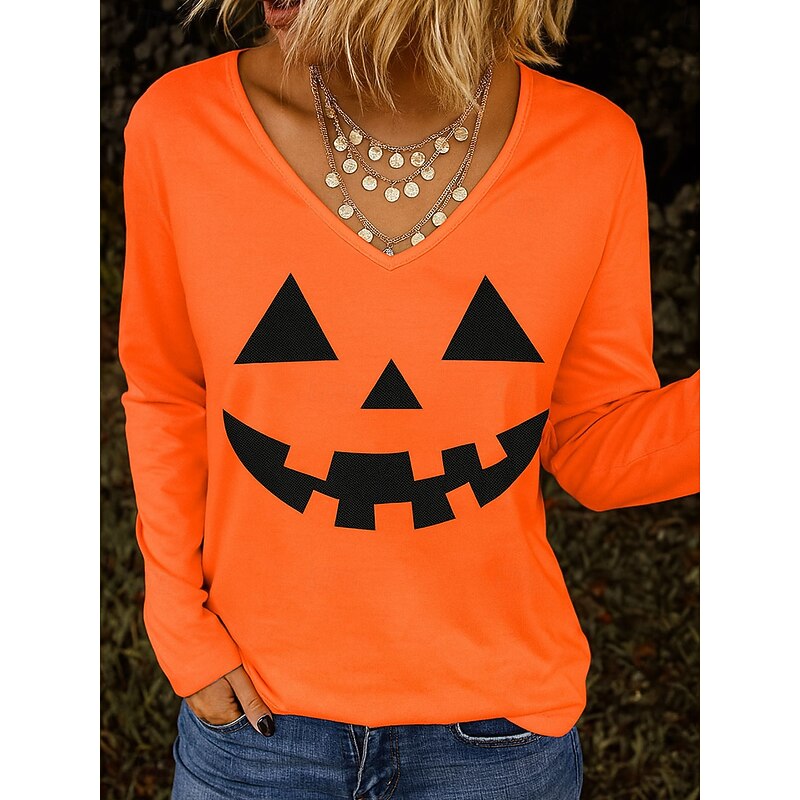 Halloween Women's T shirt Pumpkin V Neck Long Sleeve Tunic Graphic Elegant Vintage Stylish Regular Tops Daily Going out Weekend Print Blue Purple Orange Green Spring Fall