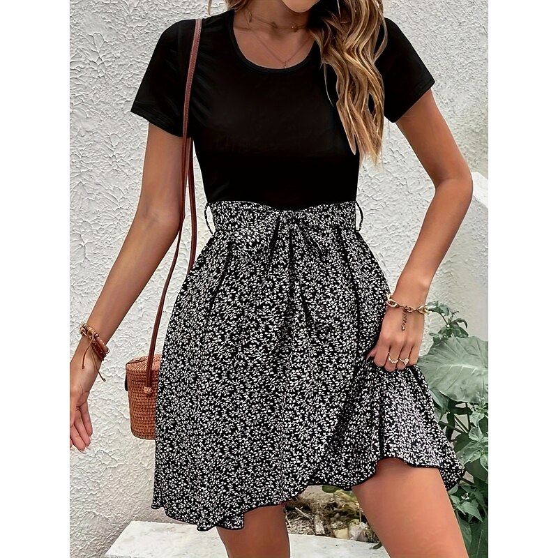 Women's Mini Dress Black Dress Casual Dress Cocktail Dress Formal Dress Fashion Modern Daily Beach Weekend Regular Fit Floral Short Sleeve Crew Neck Black Summer2