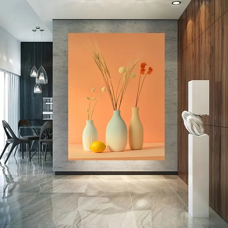 Large Frameless Canvas Art - Soft Peach And Green Modern Vase Design For Elegant Wall Decoration And Beautiful Room Decoration In Living Rooms And Bedrooms