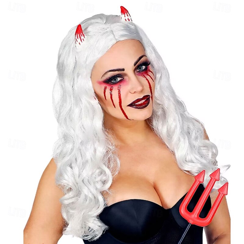 White Devil Bride Wig – Fiery White Hair for Halloween, Cosplay, Costume Parties, and Role Play, No Horns2