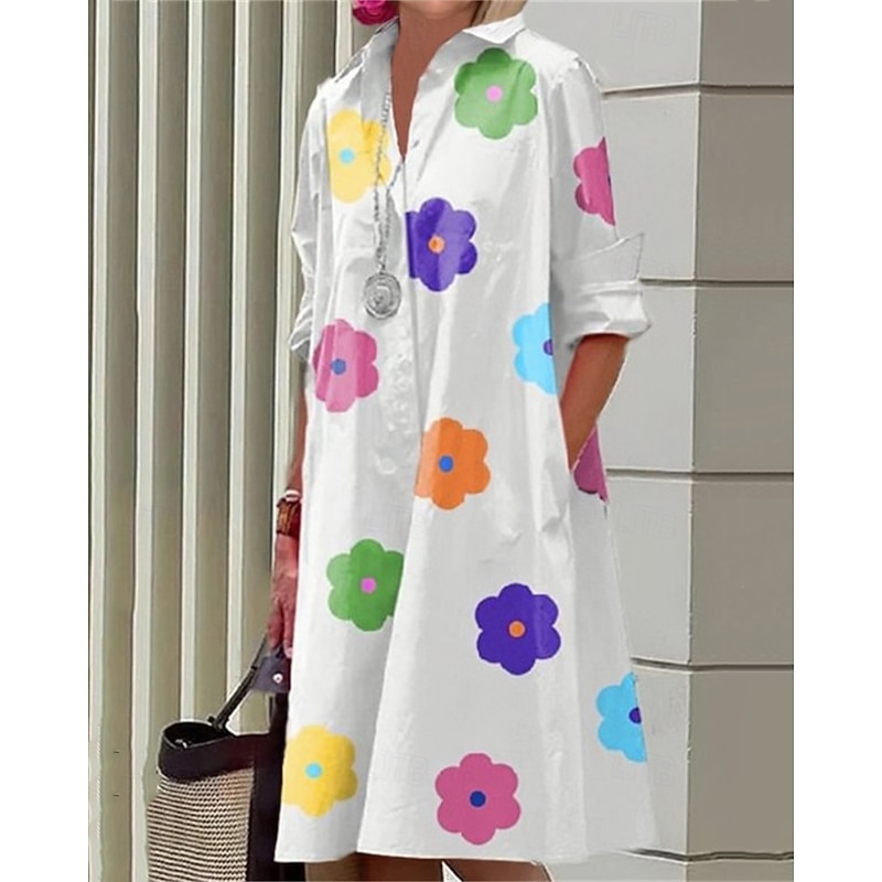 Women's Midi Dress Shirt Dress Casual Dress Fashion Modern Daily Beach Weekend Regular Fit Flower Long Sleeve Shirt Collar White Yellow Pink Navy Blue Spring Fall4