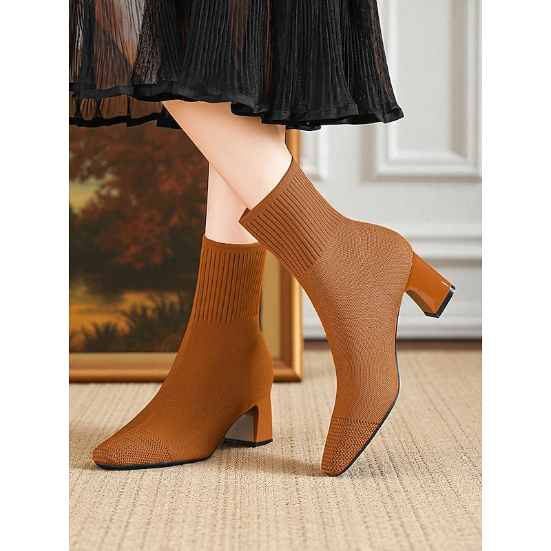 Women's Navy Knit Sock Boots – Pointed Toe Stretch Ankle Boots with Block Heels for Elegant Daily Wear & Fall Outfits3