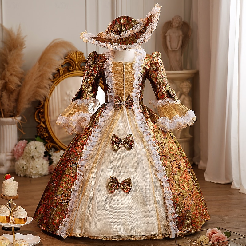 Rococo Fancy Maxi Prom Dress Bell Sleeve Princess Belle Bow Retro Ball Gown Point Fancy Dress Girls' Royal Christmas Halloween Carnival Masquerade Wedding Party Festival Kid's Child's Dress All
