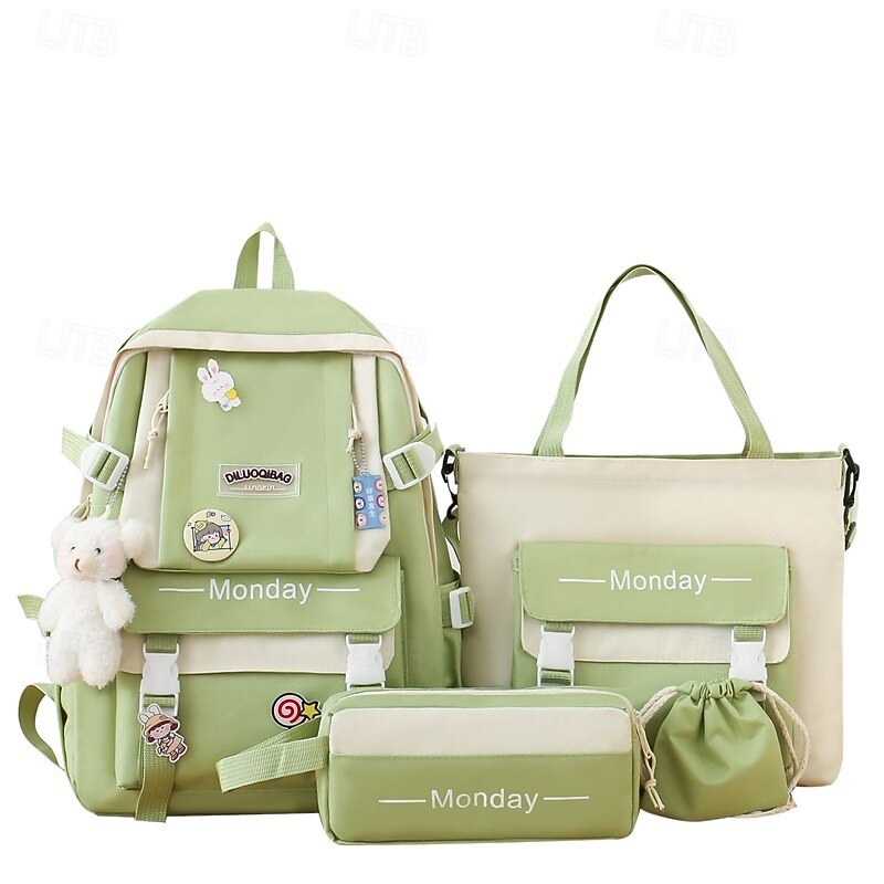 Girls 5-in-1 Green Backpack Set with Cute Accessories – Lightweight School Bag with Tote, Pencil Case and Drawstring Pouch for Teen Students and Daily Use3