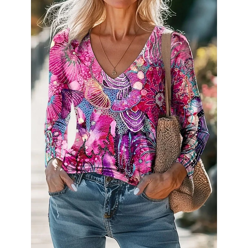 Women's Blouse Floral Daily Stylish Long Sleeve V Neck Regular Tops Daily Holiday Print Navy Blue Royal Blue Blue Purple Fuchsia Summer Spring Fall