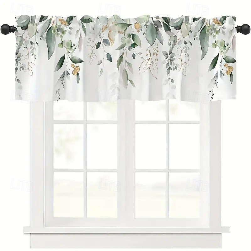 1 Piece Of 54 Inch * 18 Inch Green Leafy Vegetable Kitchen Short Curtain -100% Polyester Machine Washed Pole Mouth Curtain With Eyelets Translucent Leaf Design Suitable For Living Room Bedroom Bathroom