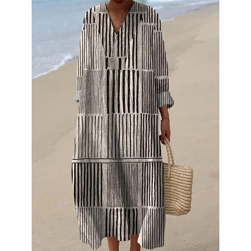 Women's Midi Dress V Neck Long Sleeve Kaftan Lightweight Loose Fit A Line Dress Casual Boho Going out Graphic Geometric Stripe Long Sleeve V Neck Ash Black Yellow Pink4