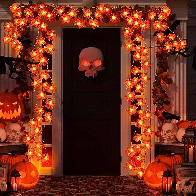 Halloween String Lights Maple Leaf Pumpkin Garland Lights Battery Powered Indoor Outdoor Hanging Decor for Chicago Shelf Desktop Theme Porch Thanksgiving Halloween Autumn Home Gardening Party Decor4