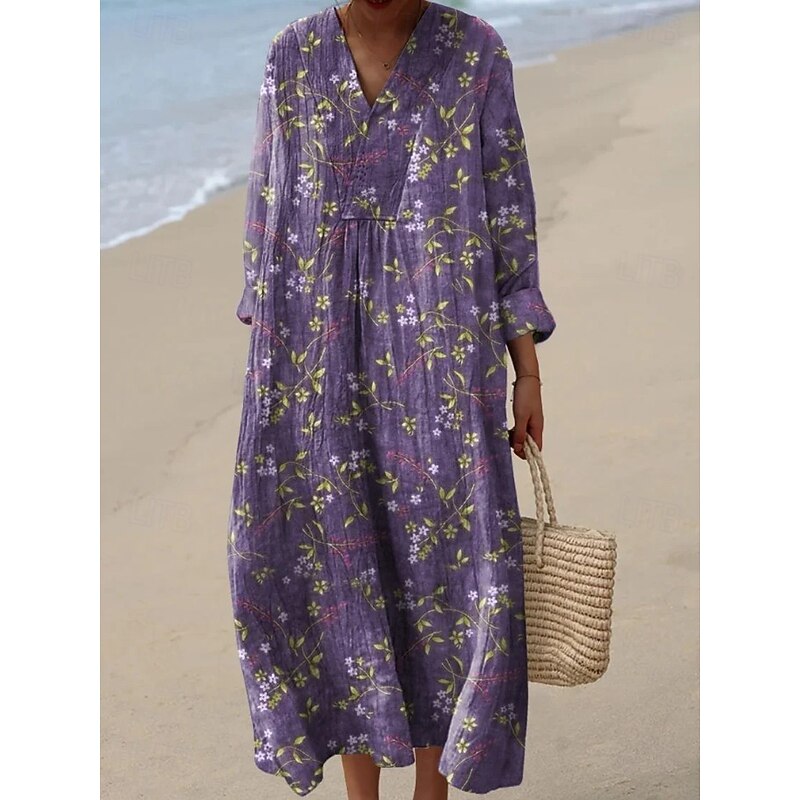 Women's Midi Dress V Neck Long Sleeve Kaftan Lightweight Loose Fit A Line Dress Casual Boho Party Going out Floral Graphic Long Sleeve V Neck Black Pink Red Purple2