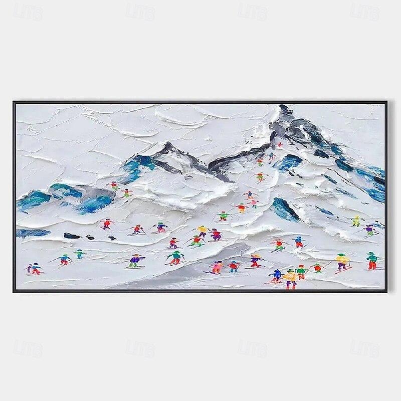 Large Handmade Oil Painting Skiers on Snowy oil painting  Peaks Vibrant Coats Textured Alpine Slope Artwork Wall Art Modern Room Decor2