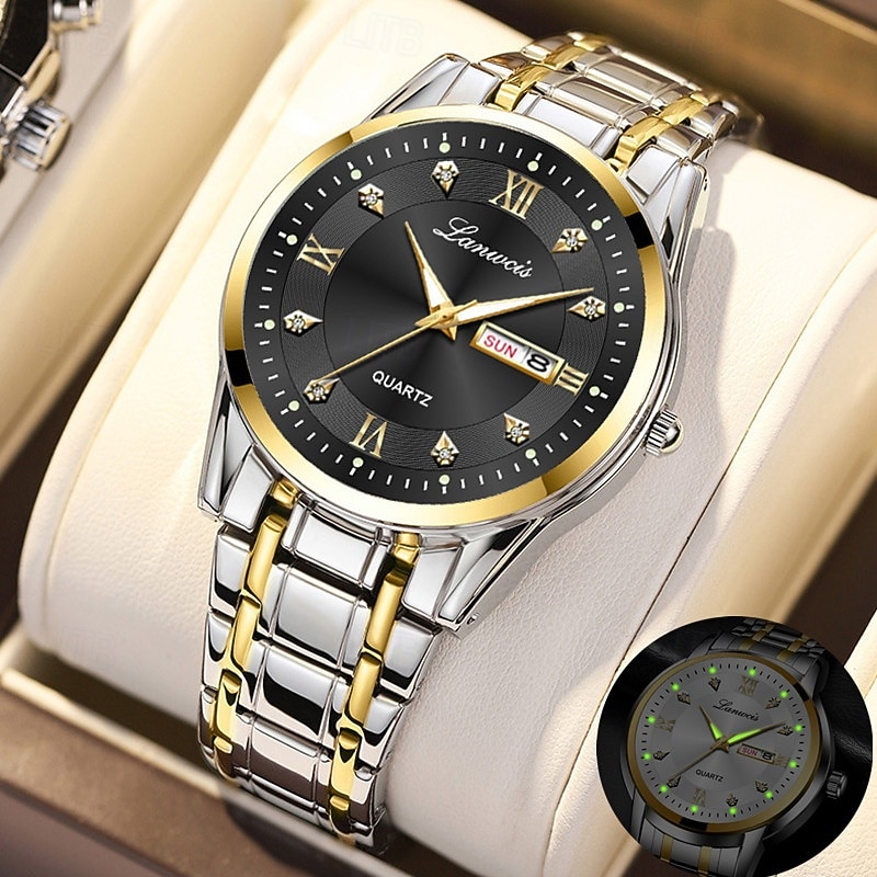1 Original Business-Style Men'S Steel Band Watch With Ipx7 Water Resistance Luminous Calendar And Day Display Multi-Functional Fashionable And Trendy Quartz Watch Suitable For Travel Leisure And S
