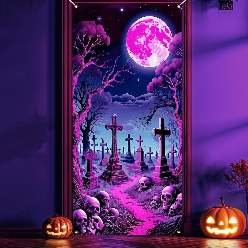Halloween Door Cover Neon Graveyard with Full Moon Banner, Glowing Blacklight Entrance Decoration for Outdoor & Indoor 2025 Halloween Bedroom, Living Room, Bathroom