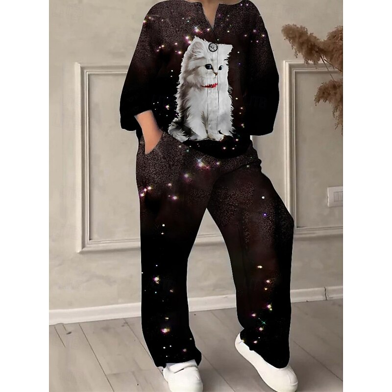Women's Active Fashion Pants Sets Long Sleeve V Neck Cat Print Vacation Daily Holiday Black Summer Regular Fit
