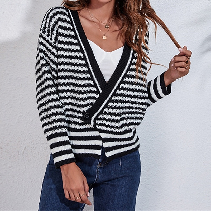 Women's Cardigan Casual Striped Chunky V Neck Knitted Long Sleeve Regular Tops Knit Daily Holiday Going out Black Fall Winter