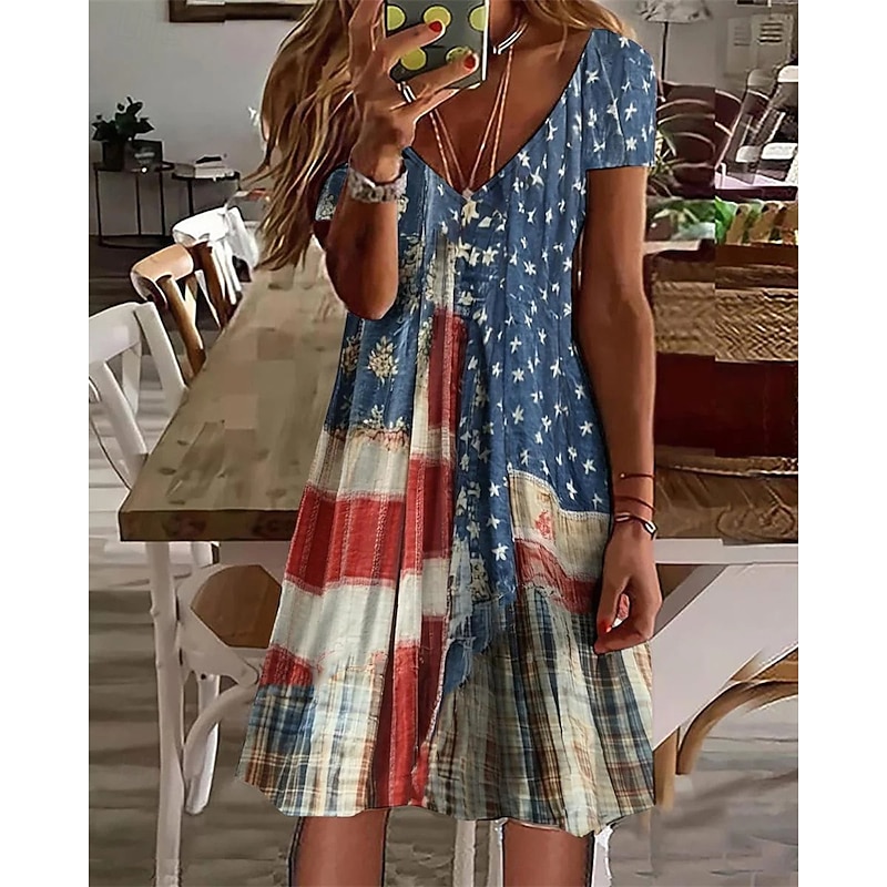Women's Mini Dress Casual Dress Summer Dress Fashion Modern Daily Beach Weekend Regular Fit National Flag Short Sleeve V Neck Blue Dark Blue Spring Fall