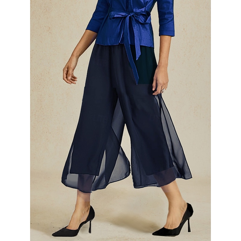 Women's Culottes Wide Leg Vacation Classic Calf-Length Mid Waist Elastic Waist Stylish Fashion Stretchy Formal Office Dailywear Navy Blue Summer Spring Fall