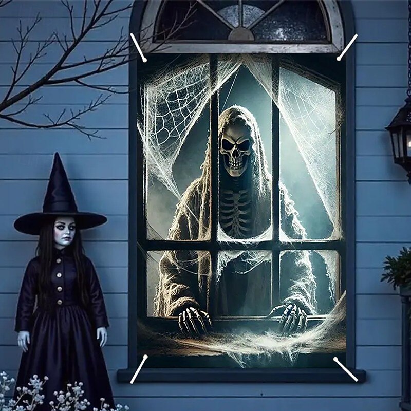 Halloween Window Curtain Grim Reaper Peeking Through Window, Horror Door Cover, Window cover, Wall Tapestry for Spooky 2025 Halloween Decoration