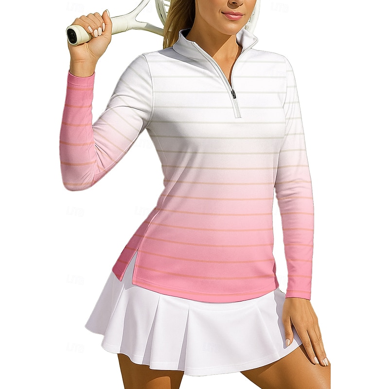 Women's Gradient Stripes Sport Shirt Golf Polo Shirt Tennis Shirt Tennis Top Long Sleeve Zipper Floral UPF50+ UV Resistant High Elasticity Moisture Wicking Breathable Tennis Golf Pickleball Stand3