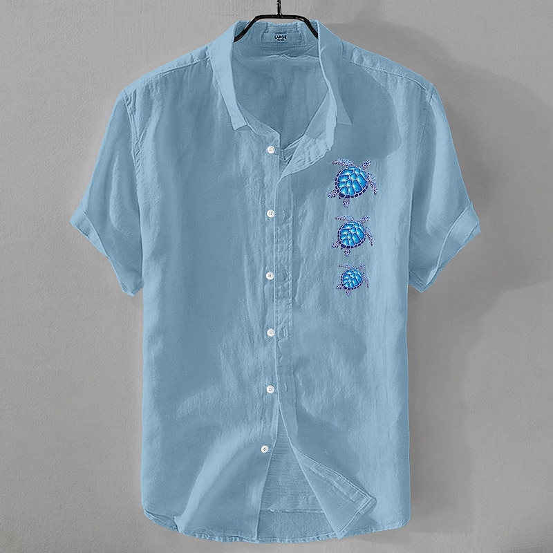 Men's Shirt Linen Shirt Summer Shirt Beach Shirt Button Up Shirt Turtle Vacation Holiday Black White Pink Blue Short Sleeve Turndown Summer Clothing Apparel