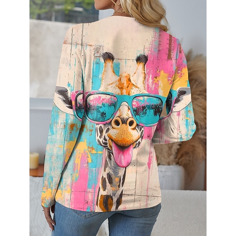 Women's T shirt Long Sleeve Graphic Animal Giraffe Vintage Stylish Classic Long Sleeve V Neck Regular Tops Daily Cut Out Print Pink Blue Green Rose Pink Spring Fall Prefall2