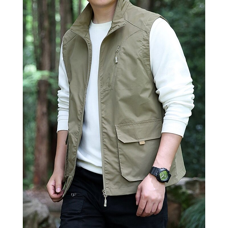 Men's Vest Gilet Outdoor Daily Fashion Casual Spring Fall Pocket Polyester Comfortable Breathable Plain Zipper Stand Collar Regular Fit Black Khaki Army Green Dark Blue Vest3