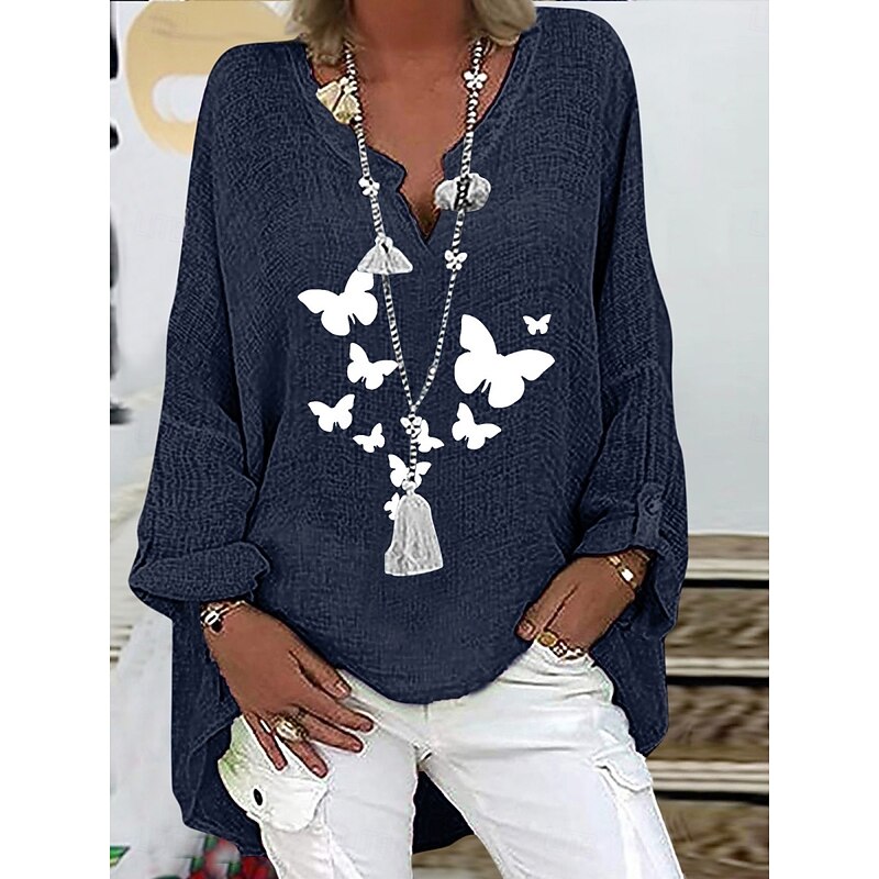 Women's Cotton Shirts Butterfly Stylish Basic Casual Long Sleeve V Neck Regular Tops Daily Print Black Navy Blue Sky Blue Summer Winter2