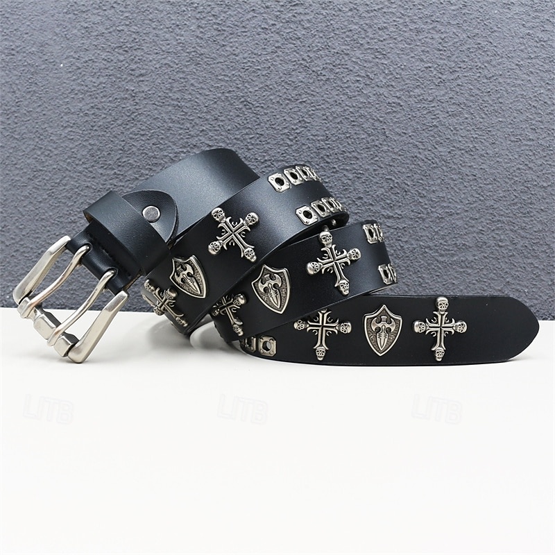 Men's Belt Waist Belt Black Dermis Alloy Durable Adjustable Plain Cross Skulls Outdoor Daily3