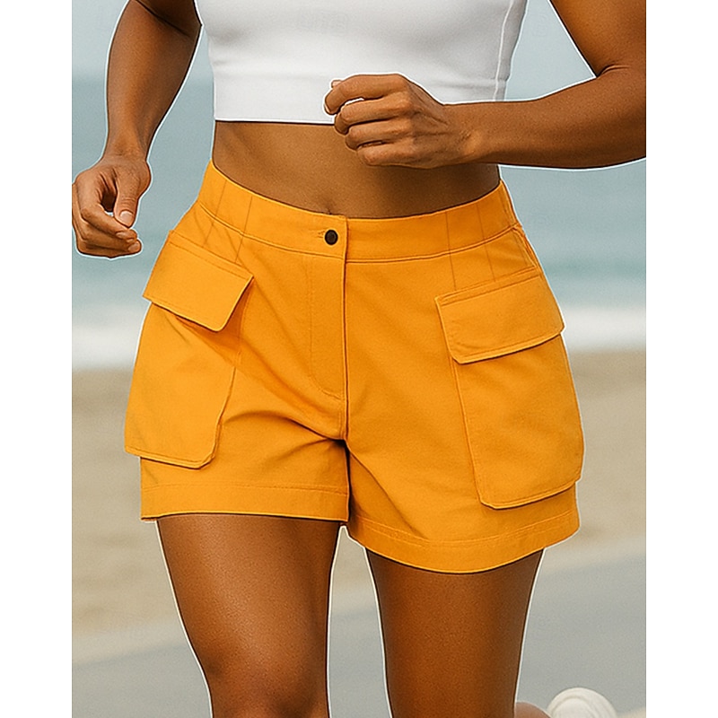 Women's Running Shorts Cargo Shorts Pockets High Waist Bottoms Athleisure Gym Workout Softness Elastic Athletic Pilates Yoga Regular Fit Sportswear Activewear Solid Colored Dark Yellow Yellow Coffee