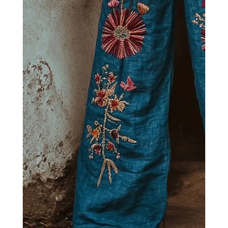 Women's Wide Leg Pants Trousers Palazzo Pants Casual Boho Full Length High Waist Flower Elastic Waist Drawstring Print Breathability Comfortable Street Daily Wear Going out Blue Spring Fall Regular3