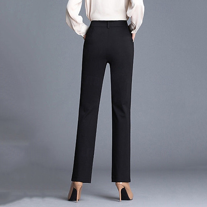 Women's Dress Pants Pants Trousers Straight Fashion Streetwear Full Length Mid Waist Plain Pocket Breathability Comfortable Micro-elastic Street Daily Wear Going out Black Spring Fall Regular Fit2