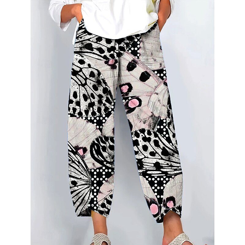 Women's Wide Leg Chinos Baggy Pants Vacation Vintage Ethnic Style Full Length High Waist Graphic Leopard Butterfly Drawstring Patchwork Printing Breathable Inelastic Outdoor Vacation Street Dusty3