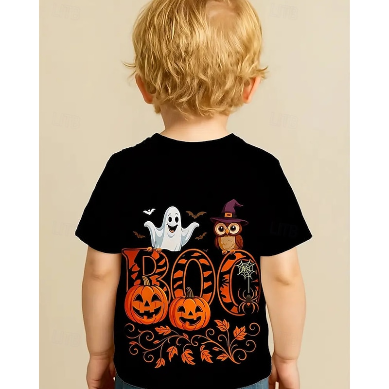 Boys Halloween Fun T-Shirt  BOO! Playful Graphic Tee 3D Pumpkin Ghost T shirt Tee Short Sleeve Summer Spring Fashion Basic Kids 4-12 Years Crew Neck Outdoor Casual Daily Regular Fit4
