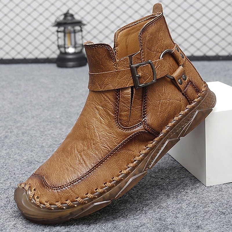 Men's Retro Leather Ankle Boots with Buckle Strap, Comfortable Loafers for Casual Outings, Driving & Fall Fashion