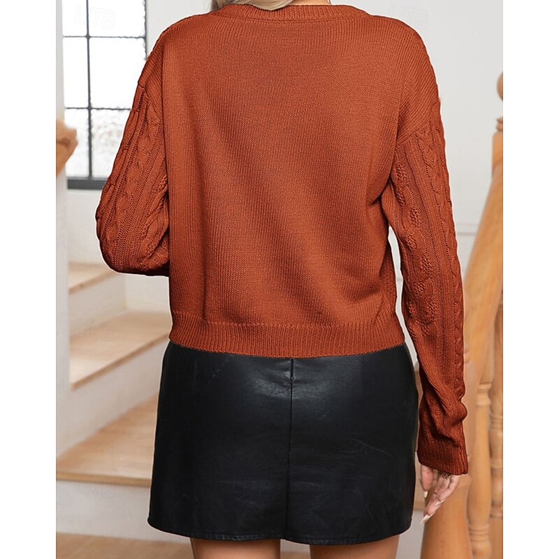 Women's Pullover Casual Solid Color Chunky Crew Neck Knitted Long Sleeve Regular Tops Knit Daily Holiday Going out Brown Green Fall Winter4