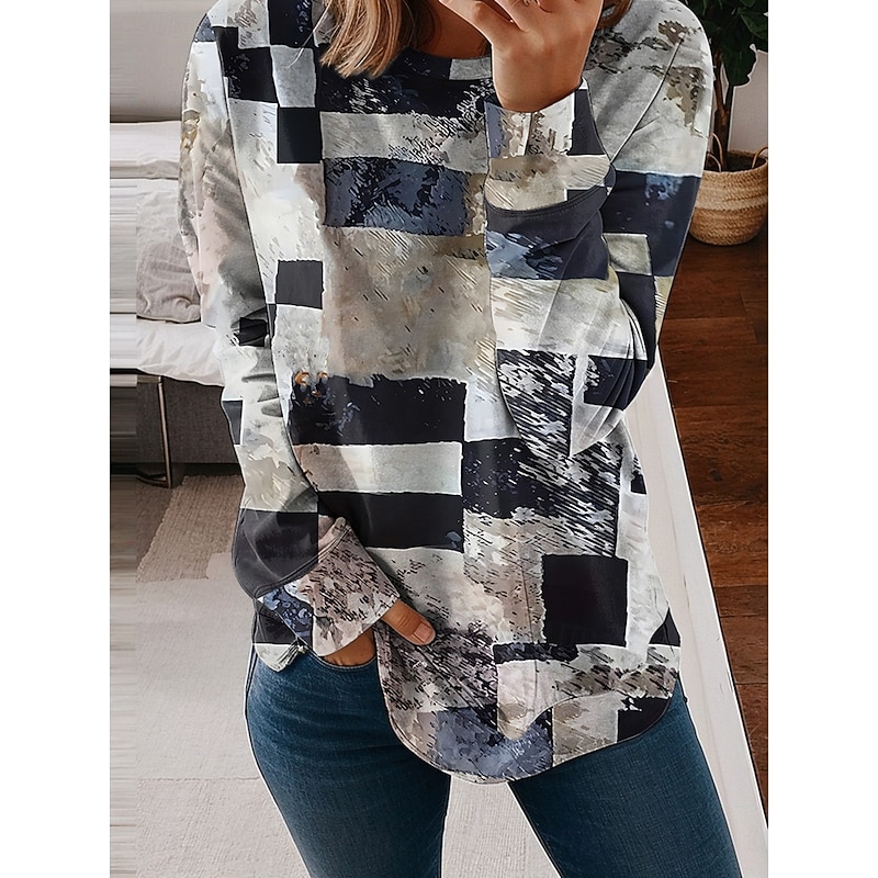Women's Sweatshirts Graphic Geometric Casual Long Sleeve Crew Neck Regular Tops Street Casual Holiday Print Blue Purple Green Khaki Spring Fall Winter