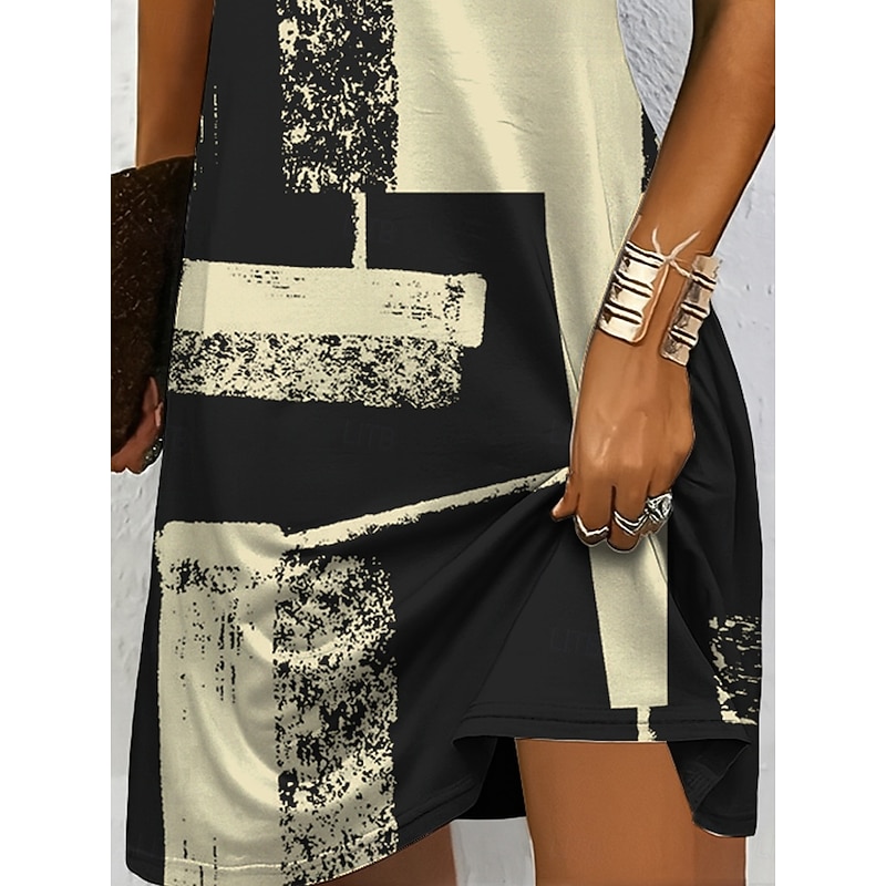 Women's Mini Dress Knit Dress Casual Dress T Shirt Dress Tee Dress Sundress Vacation Casual Regular Fit Graphic Geometric Abstract Short Sleeve V Neck Black And White Champagne Red Blue Summer Spring3