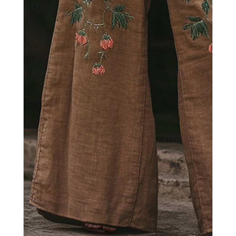 Women's Wide Leg Pants Trousers Palazzo Pants Fashion Boho Full Length High Waist Flower Elastic Waist Drawstring Print Breathability Comfortable Street Daily Wear Going out Brown Spring Fall Regular3