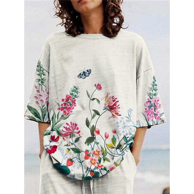 Women's Active Fashion Pants Sets 3/4 Length Sleeve Crew Neck Floral Print Vacation Daily Holiday White Summer Regular Fit3