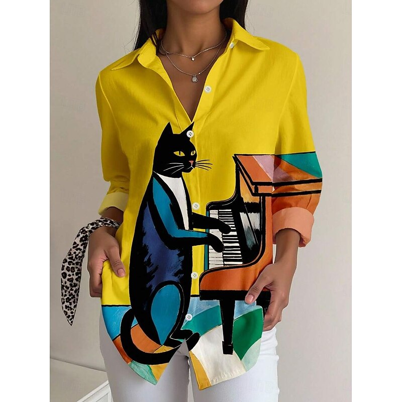Women's Shirt Button Down Tunic Shirt Collar Long Sleeve Graphic Animal Abstract Active Vintage Cute Regular Tops Work Daily s Print Yellow Spring Fall Winter