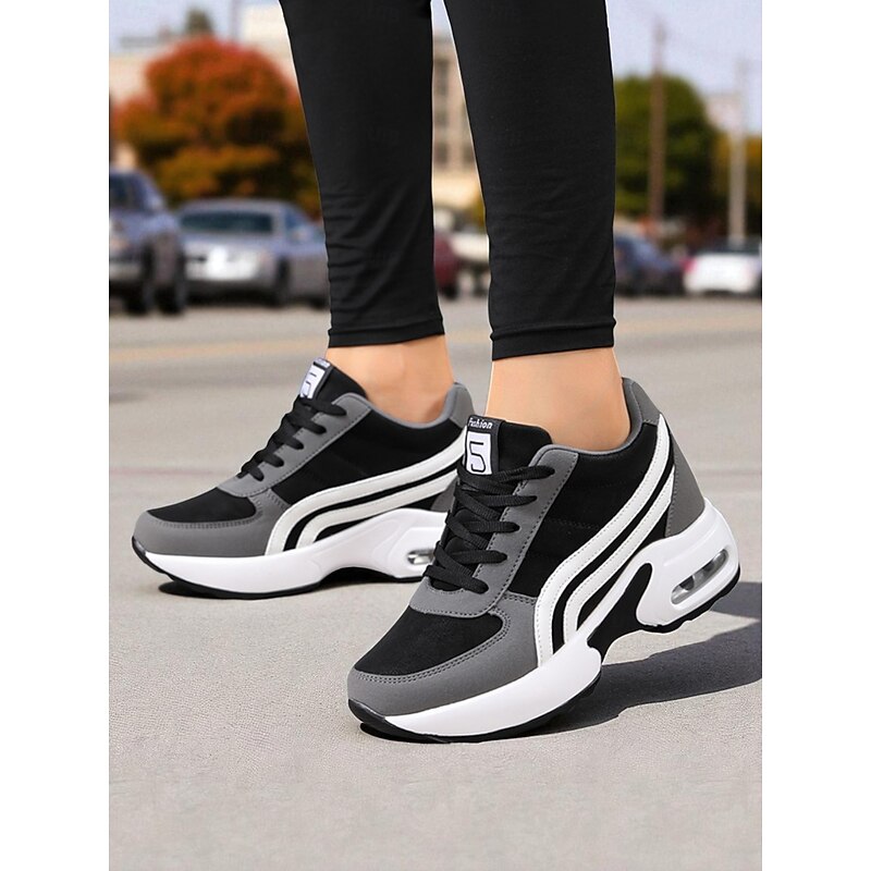 Women's Black and Gray Chunky Running Sneakers – Breathable Mesh Lace-Up Trainers, Casual Sporty Walking Shoes for Gym, Travel and Everyday Wear2
