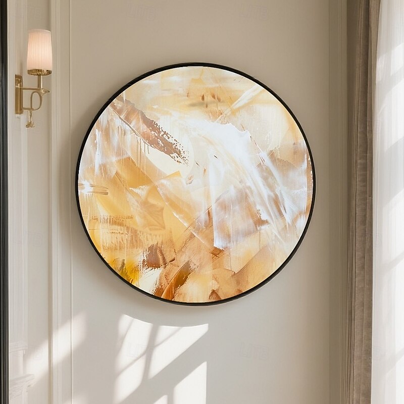 Handmade Circular Abstract Expressionist Oil Textured Palette Knife Paint Drips Neutral Earth Tones Ochre Tan White Cream Modern Organic Canvas Gallery Wall Decor Minimalist Earthy Palette