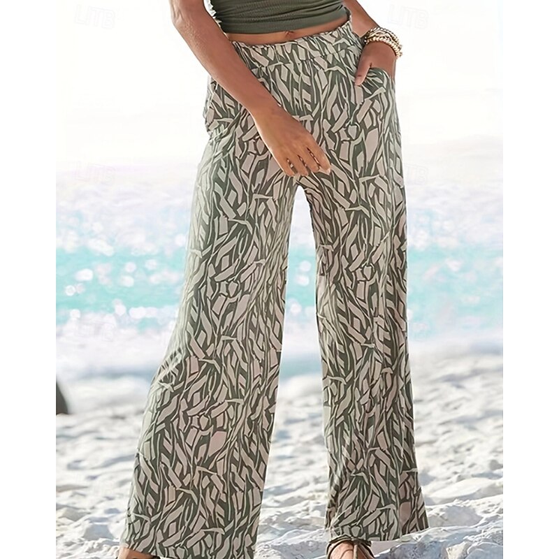 Women's Wide Leg Slacks Streetwear Casual Full Length Natural Flower Pocket Print Soft Holiday Weekend Green Fall Regular Fit