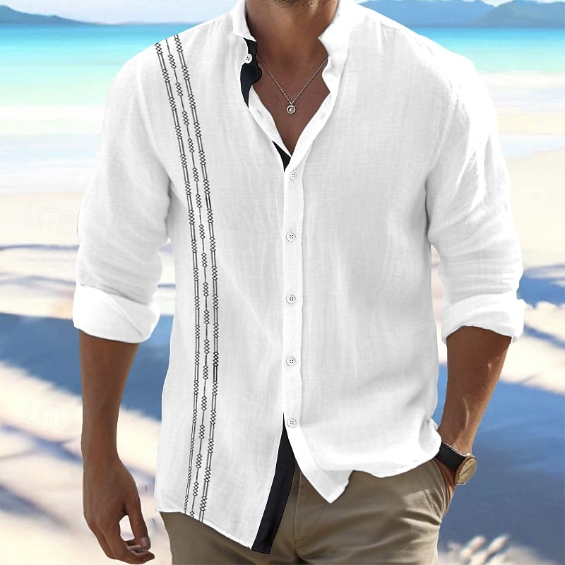 Men's Shirt Linen Shirt Guayabera Shirt Band Collar Shirt Summer Shirt Beach Wear Vacation Curise Black White Pink Khaki Long Sleeve Standing Collar Summer Spring Clothing Apparel Embroidered2